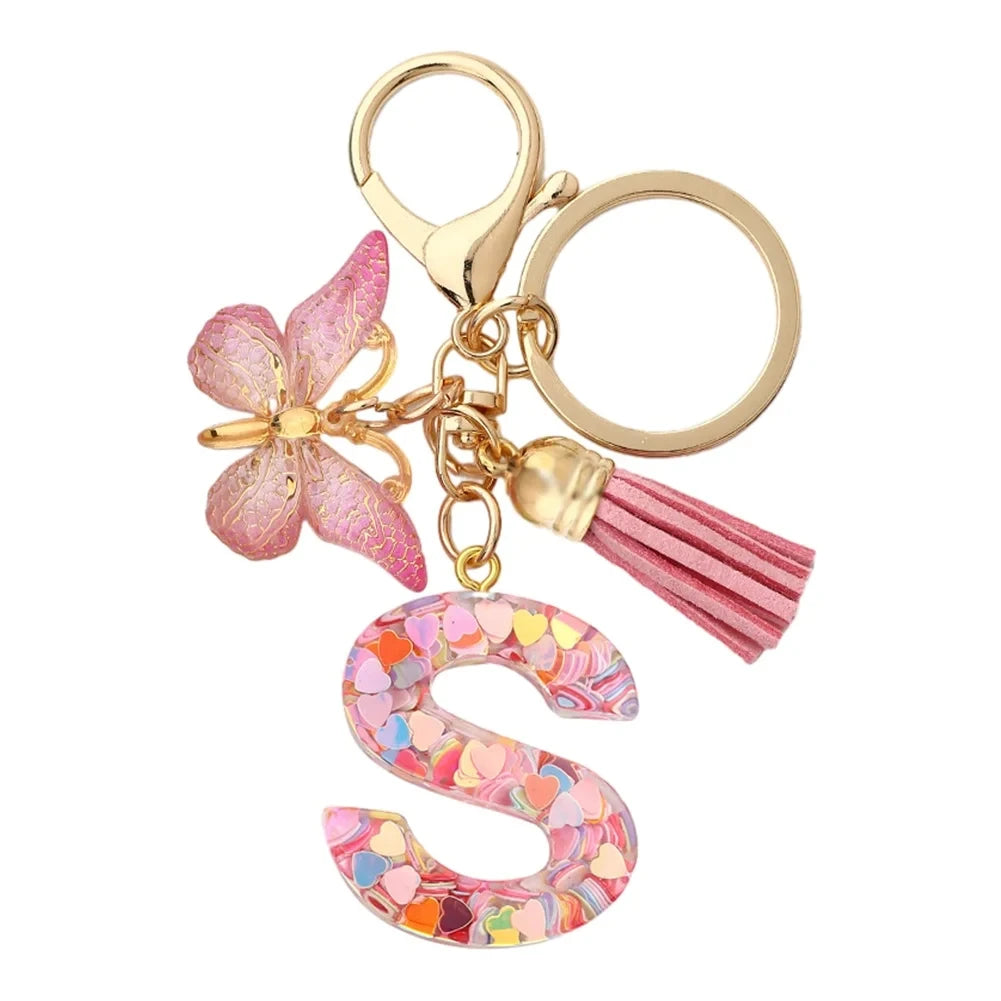 Initial Letter Keychain with Butterfly and Tassel