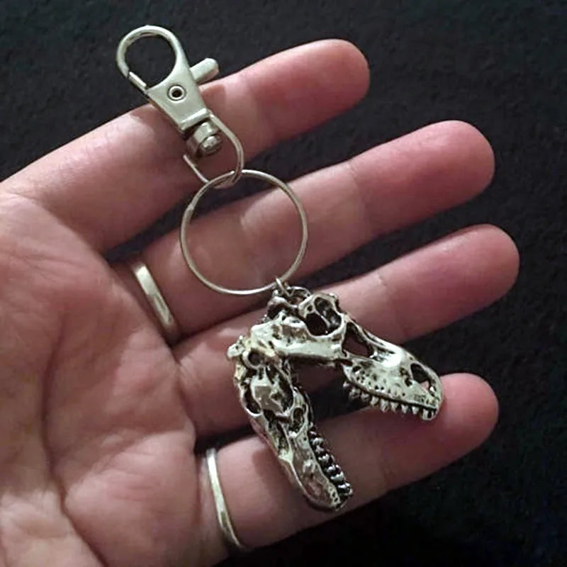 T-Rex Skull Keychain in Antique Silver Tone