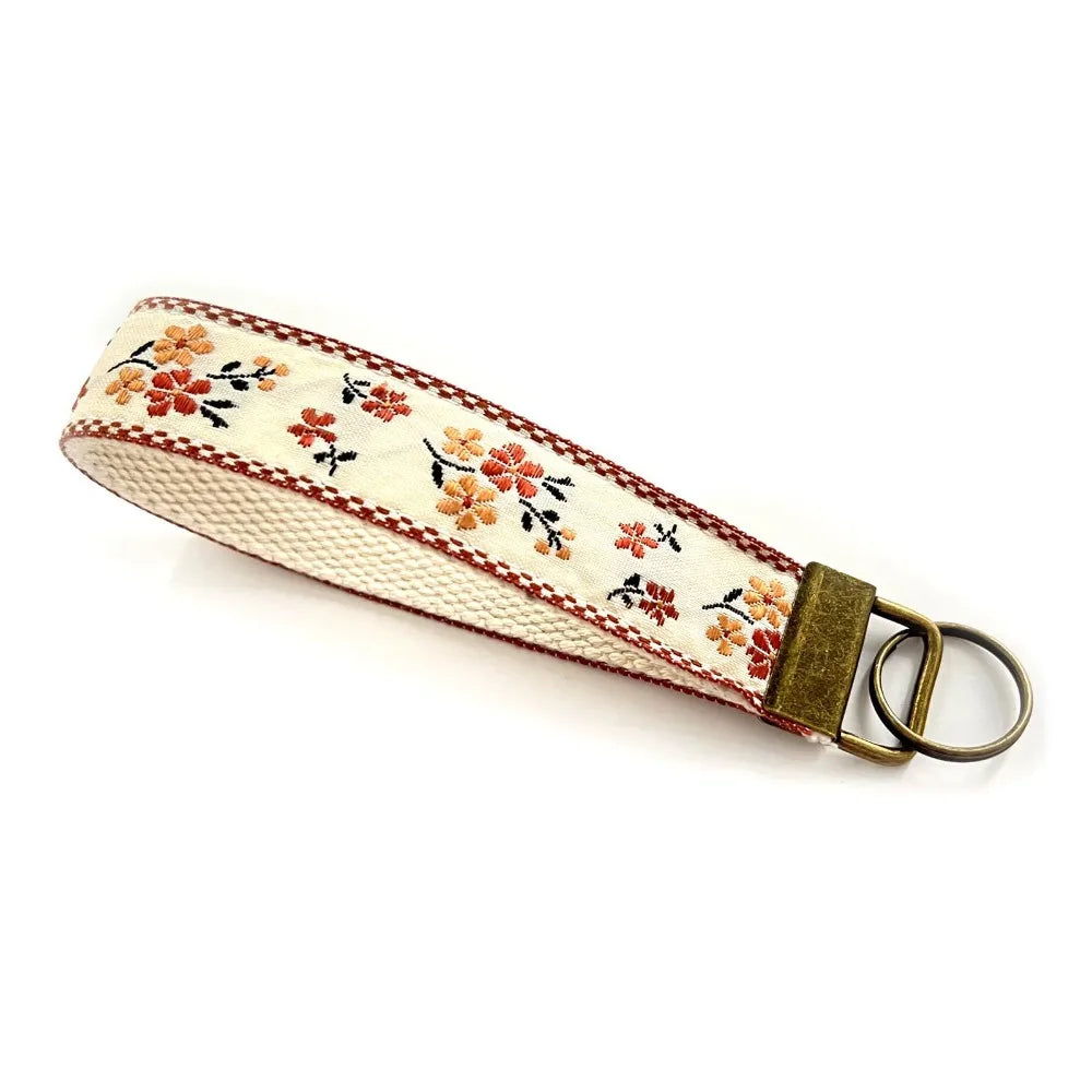 Floral Embroidered Fabric Wristlet Keychain