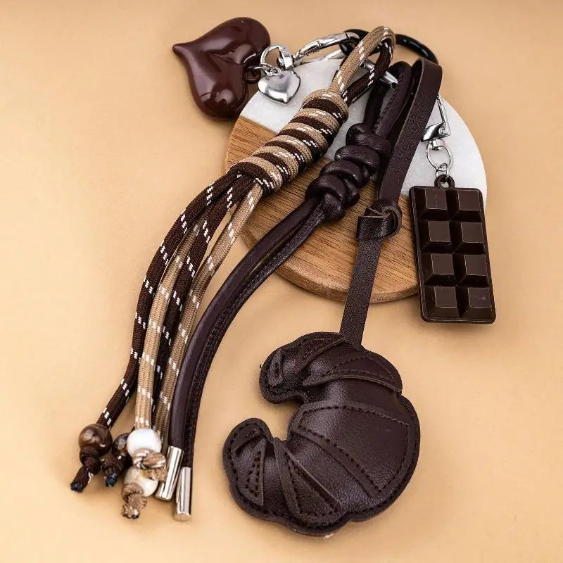 Faux Leather Croissant Keychain with Braided Lanyard