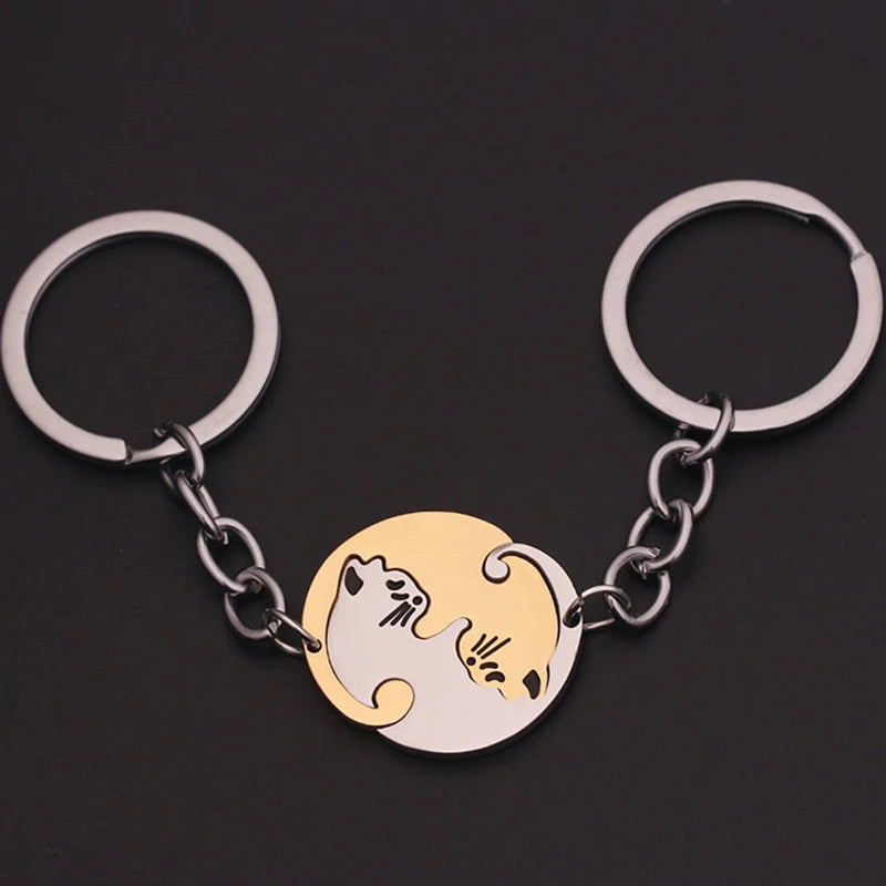 Matching Cat Keychain Set in Stainless Steel