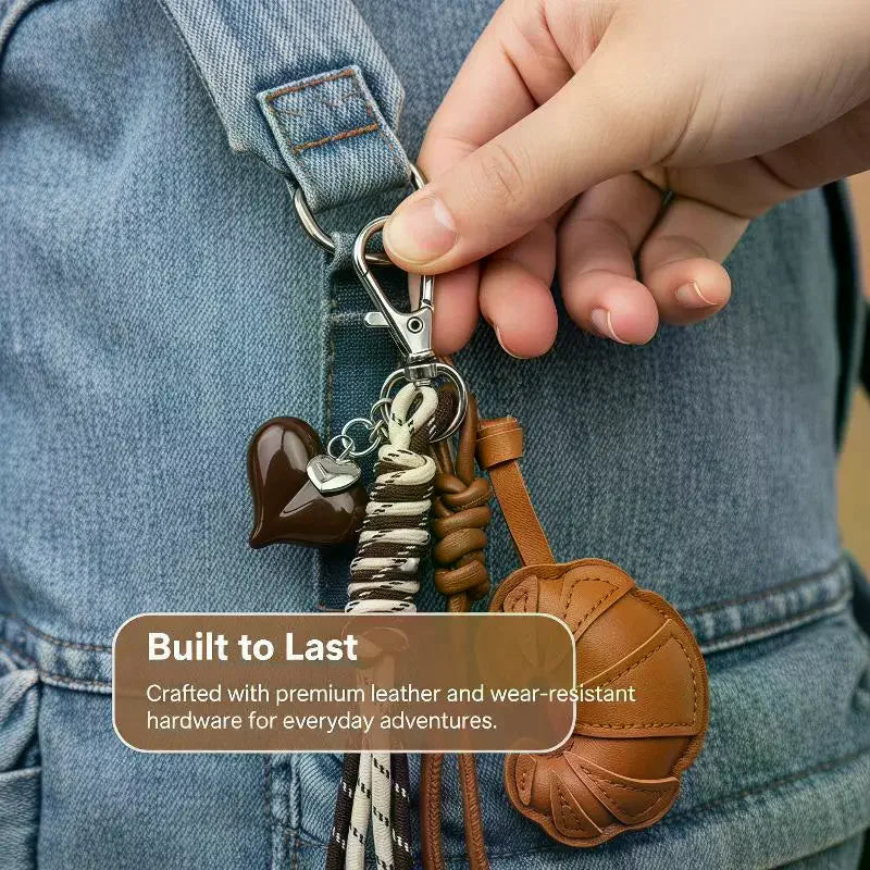Faux Leather Croissant Keychain with Braided Lanyard