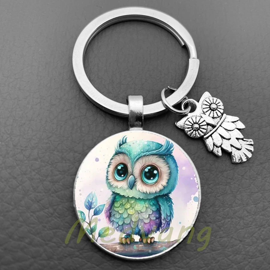 New Cute Owl Keychain with Large Eyes Owl Retro Pattern Glass Convex Keychain Creative Men's and Women's Car Bag Pendant Jewelry