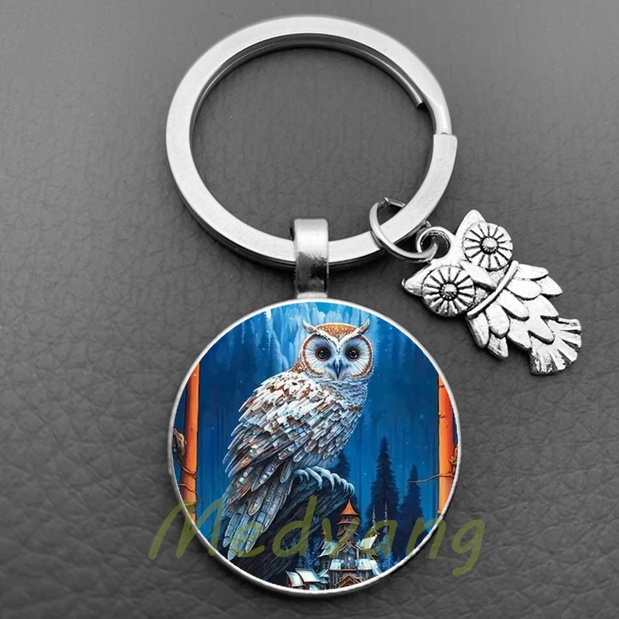 New Cute Owl Keychain with Large Eyes Owl Retro Pattern Glass Convex Keychain Creative Men's and Women's Car Bag Pendant Jewelry