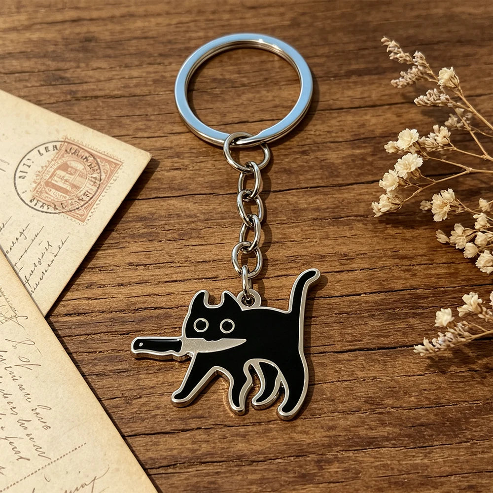 Black Cat with Knife Enamel Keychain