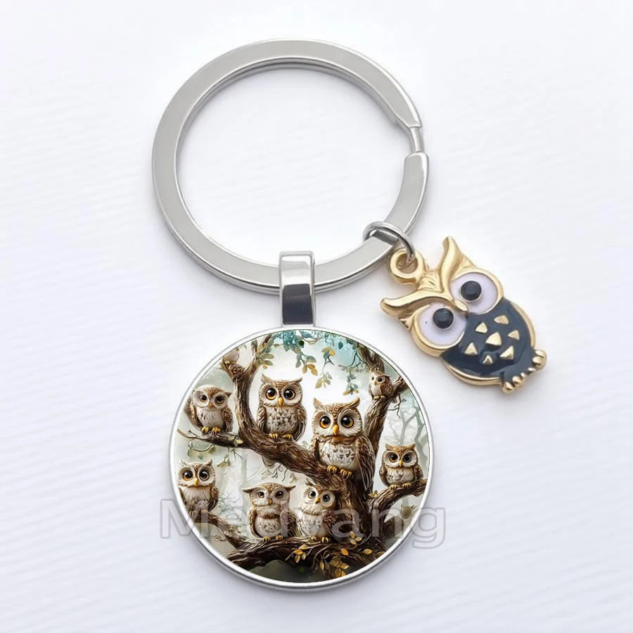 Retro Owl Glass Cabochon Keychain