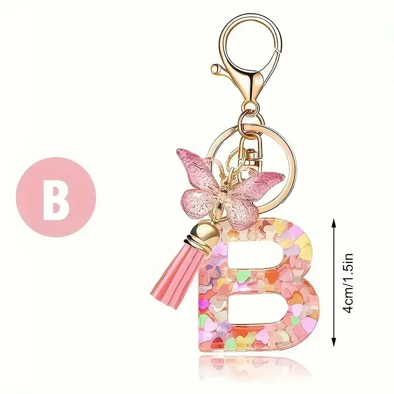 Initial Letter Keychain with Butterfly and Tassel