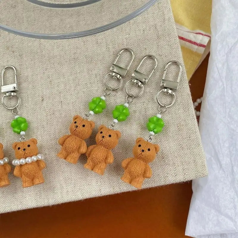 Bear Charm Keychain with Green Bead Accent
