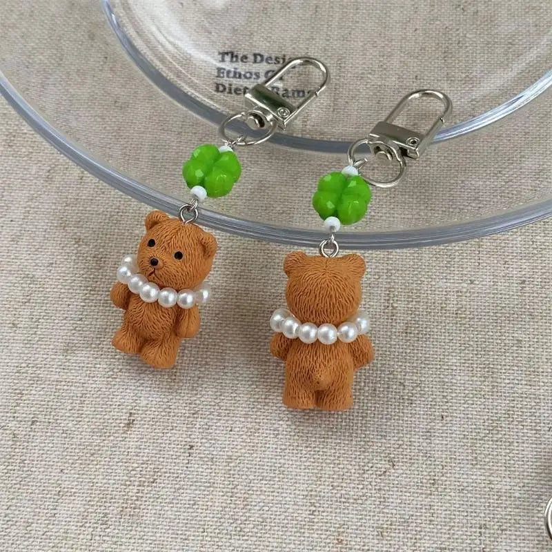 Bear Charm Keychain with Green Bead Accent