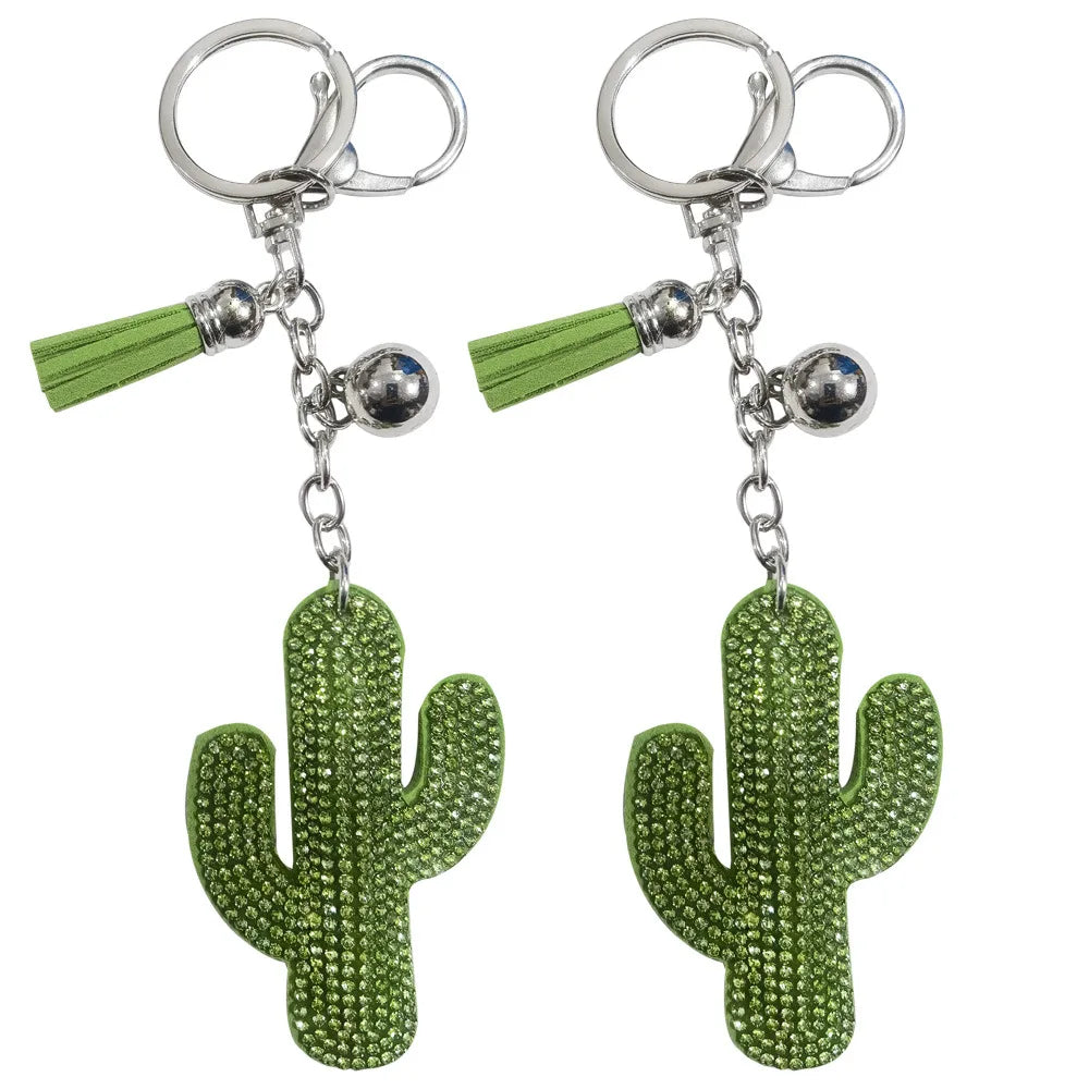Rhinestone Cactus Keychain with Fringe Tassel