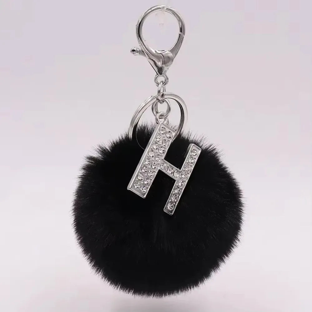 Black Plush Pom-Pom Keychain with Rhinestone Initial