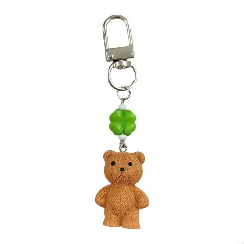 Bear Charm Keychain with Green Bead Accent