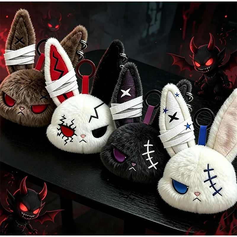 Plush Gothic Rabbit Head Keychain with Ear Piercings