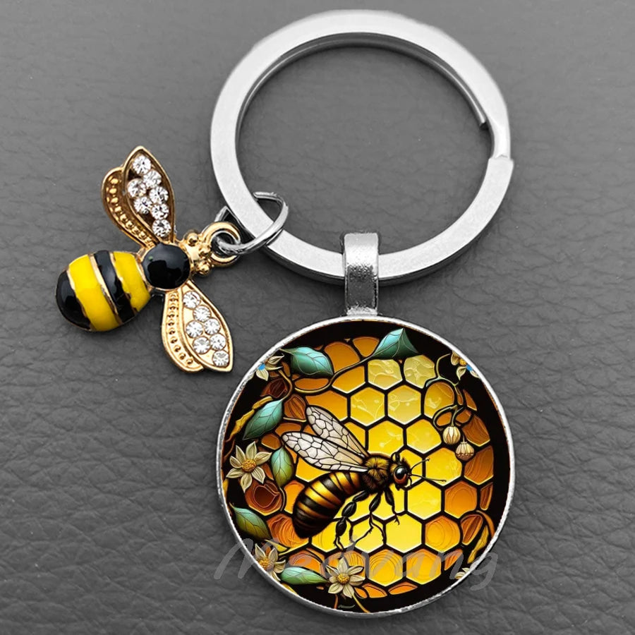 Bee-Themed Glass Dome Keychain with Charm