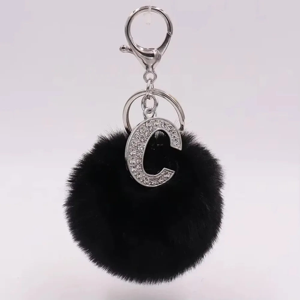 Black Plush Pom-Pom Keychain with Rhinestone Initial