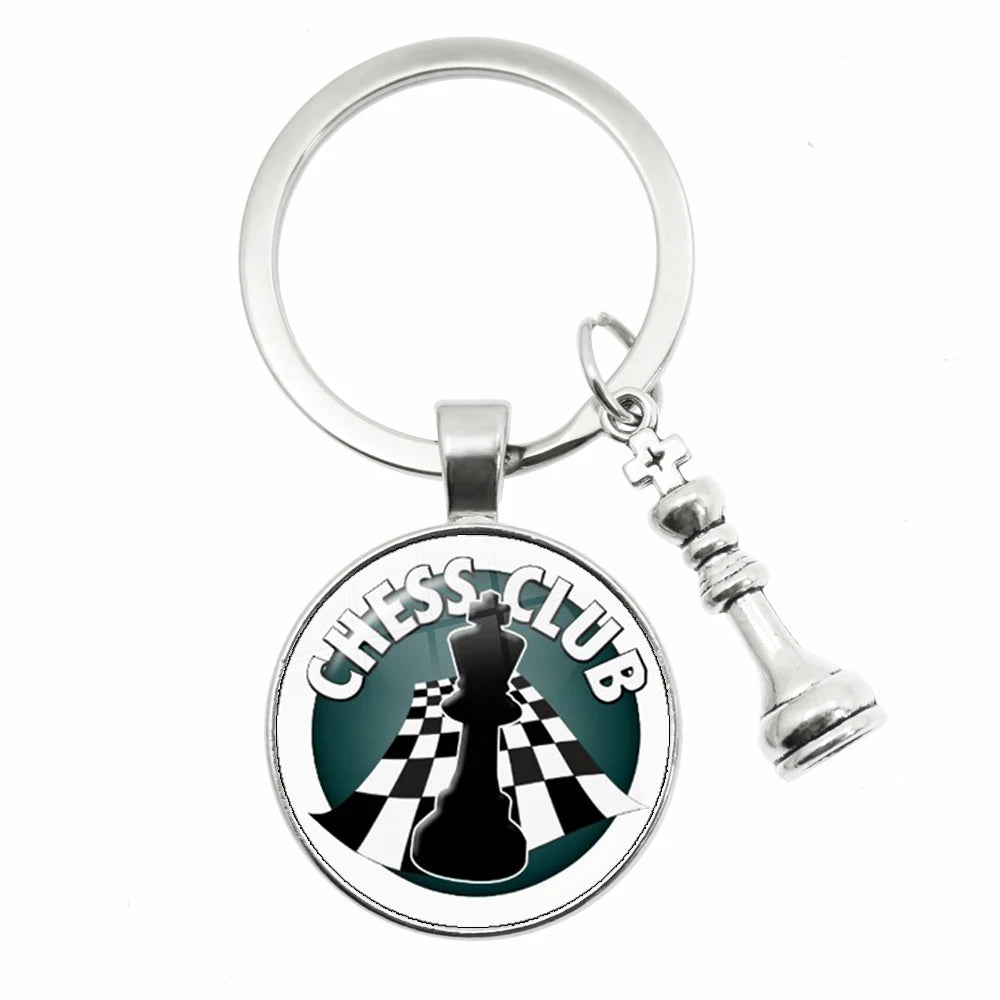 Chess Motif Glass Dome Keychain