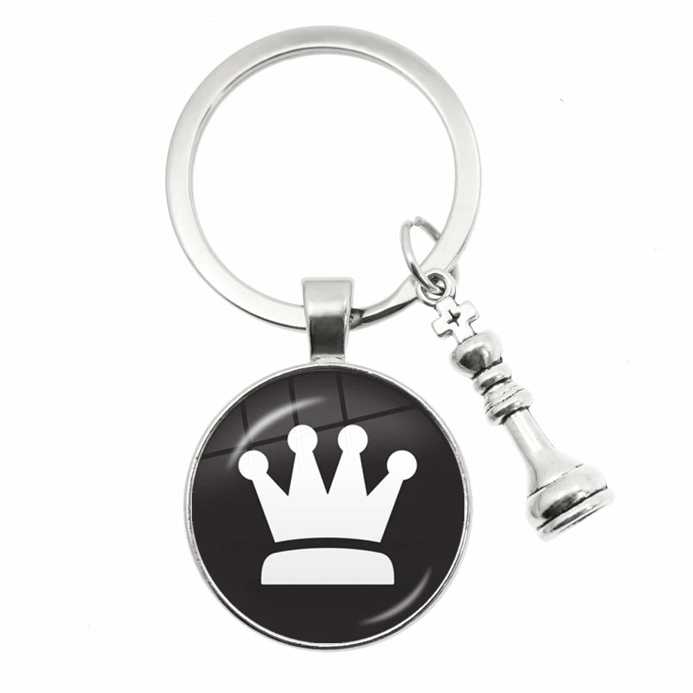 Chess Motif Glass Dome Keychain