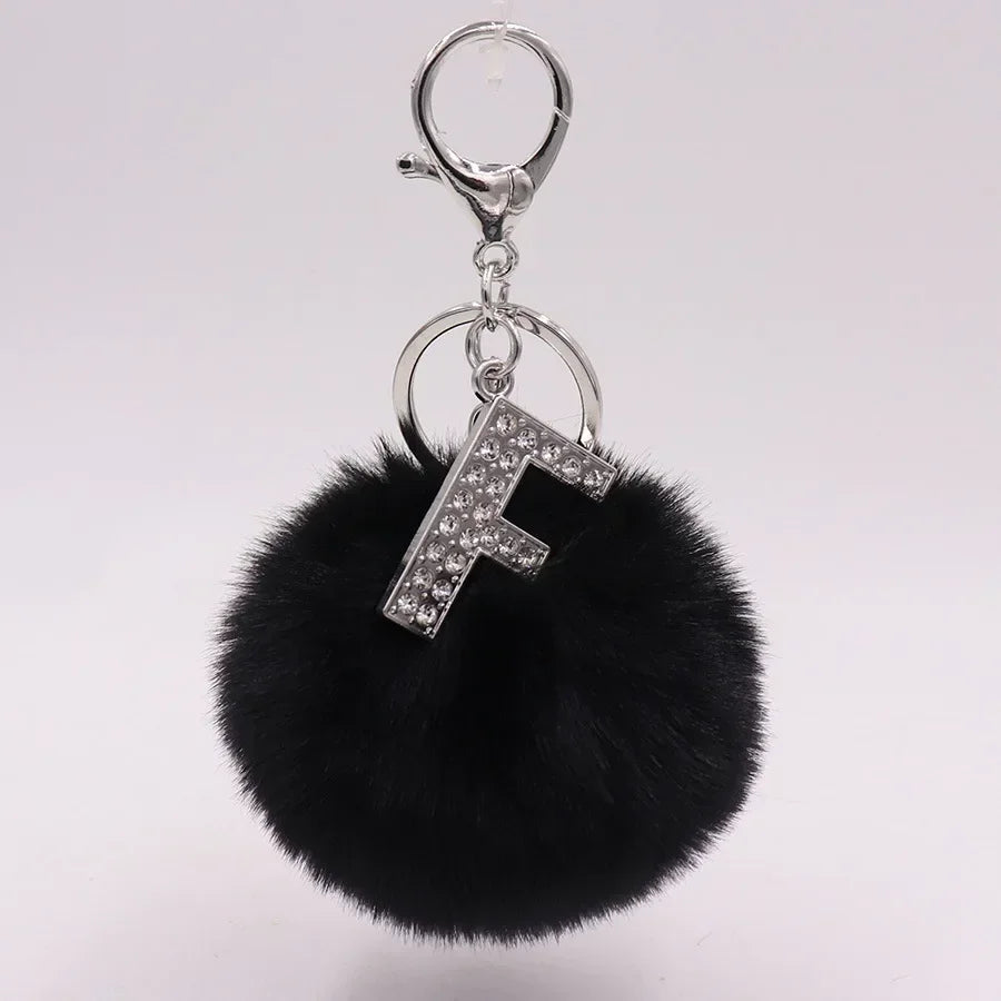 Black Plush Pom-Pom Keychain with Rhinestone Initial