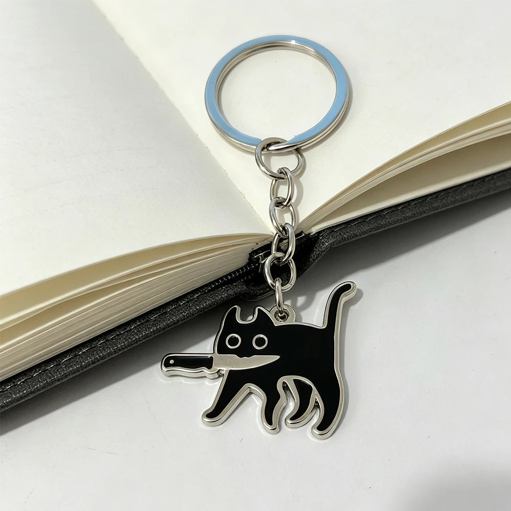 Black Cat with Knife Enamel Keychain