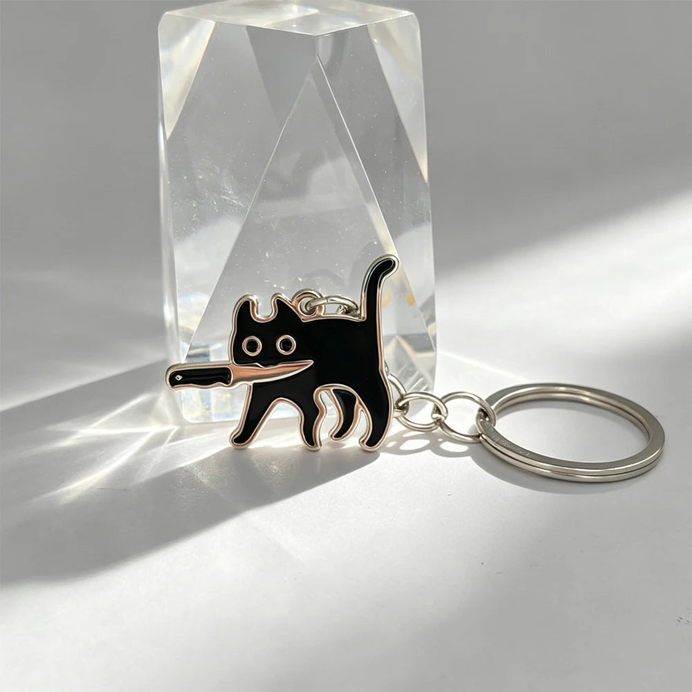 Black Cat with Knife Enamel Keychain
