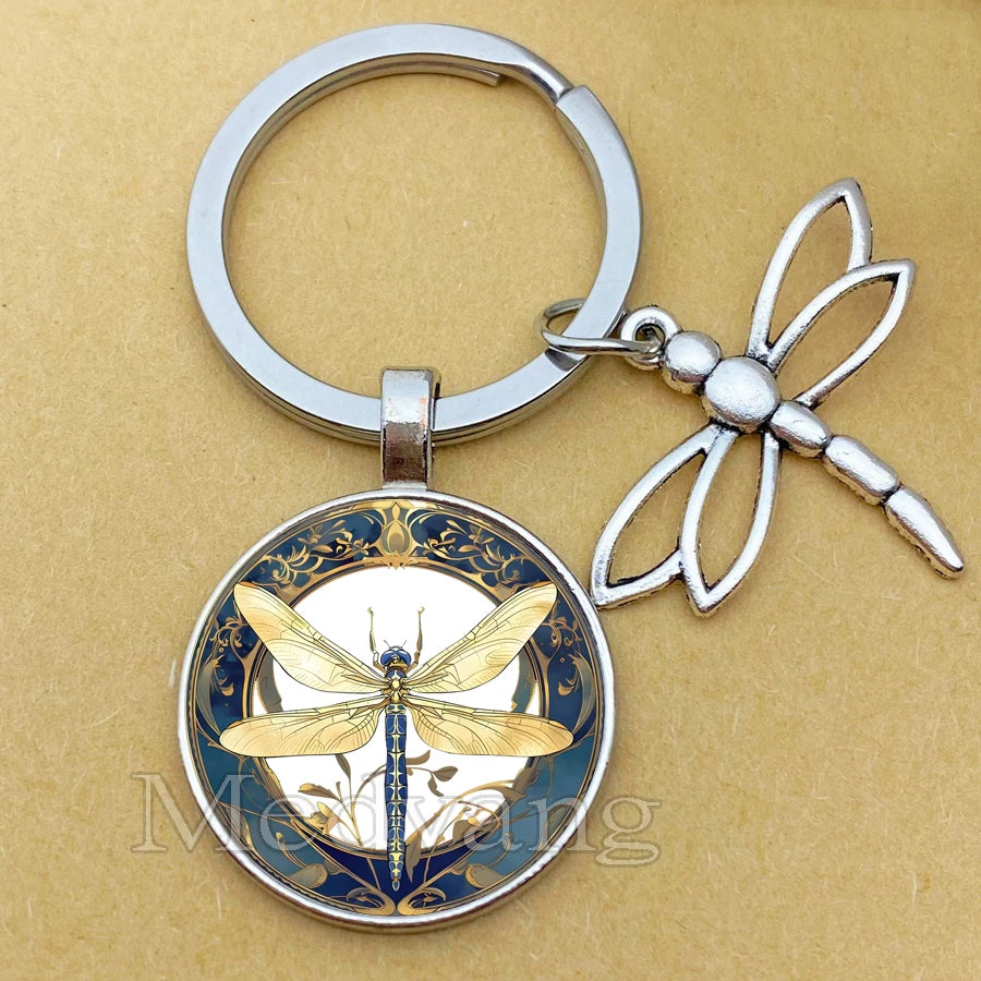 Dragonfly Glass Dome Pendant Keychain