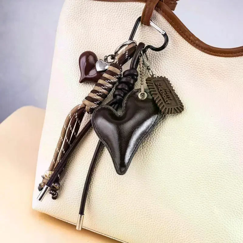 Faux Leather Croissant Keychain with Braided Lanyard