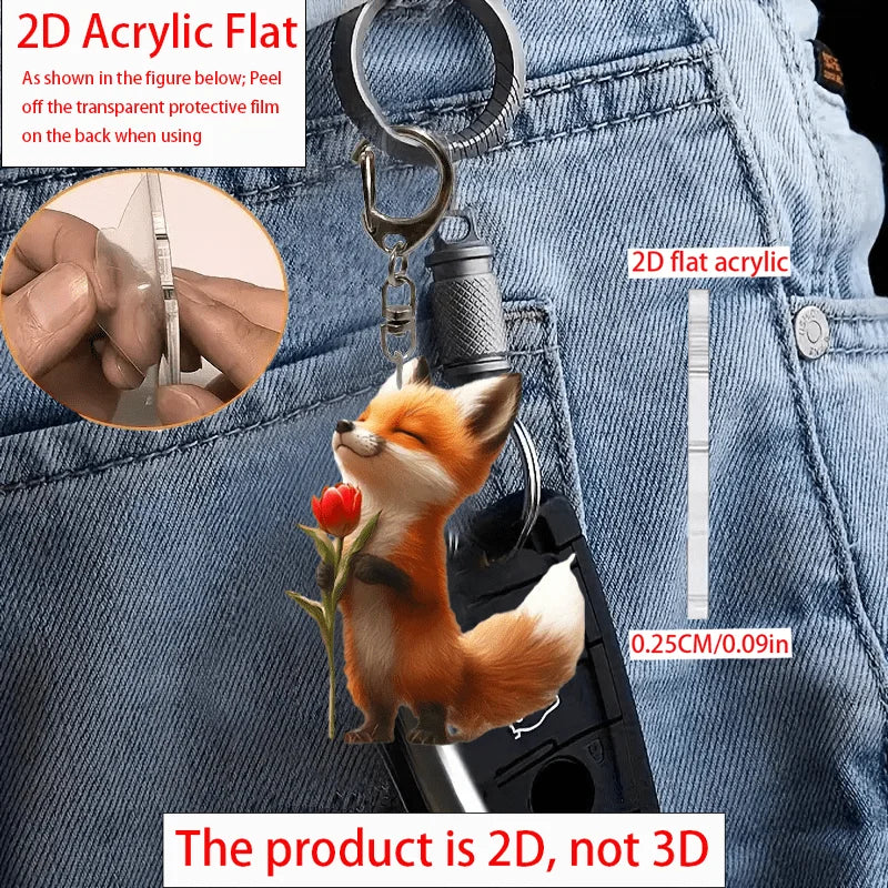 Adorable 2D Fox Keychain with Rose Acrylic Hanging Ornament Durable Car Pendant Lightweight Halloween Holiday Gift Charm for Car