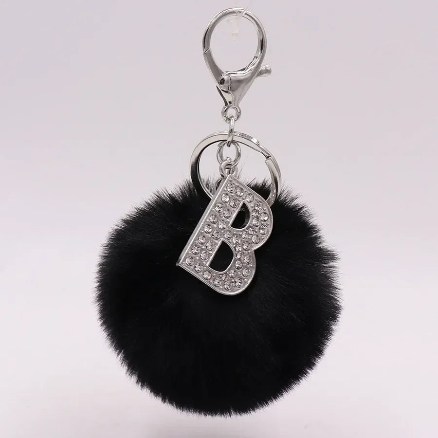 Black Plush Pom-Pom Keychain with Rhinestone Initial
