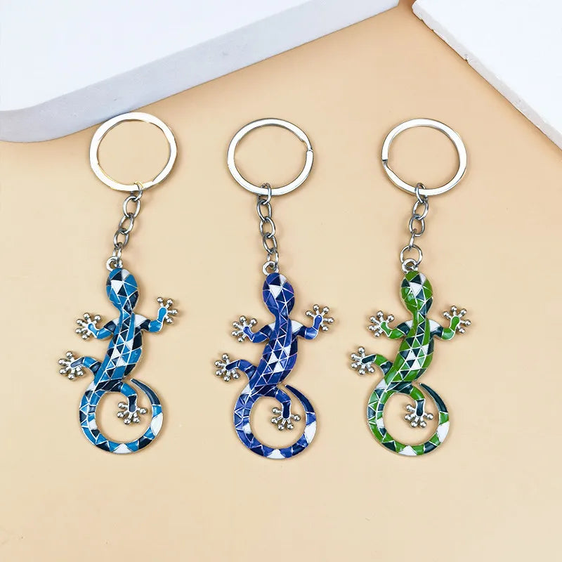 Enamel Gecko Keychain with Silver Buckle Ring
