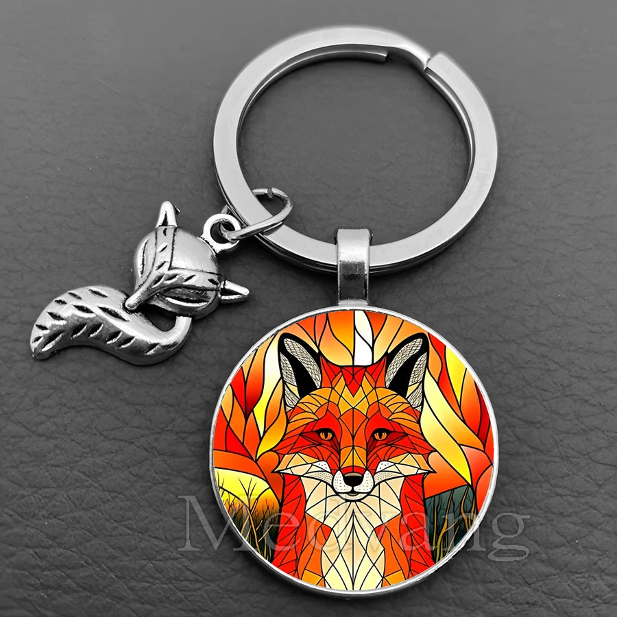 Fox Glass Cabochon Keychain with Sculpted Charm
