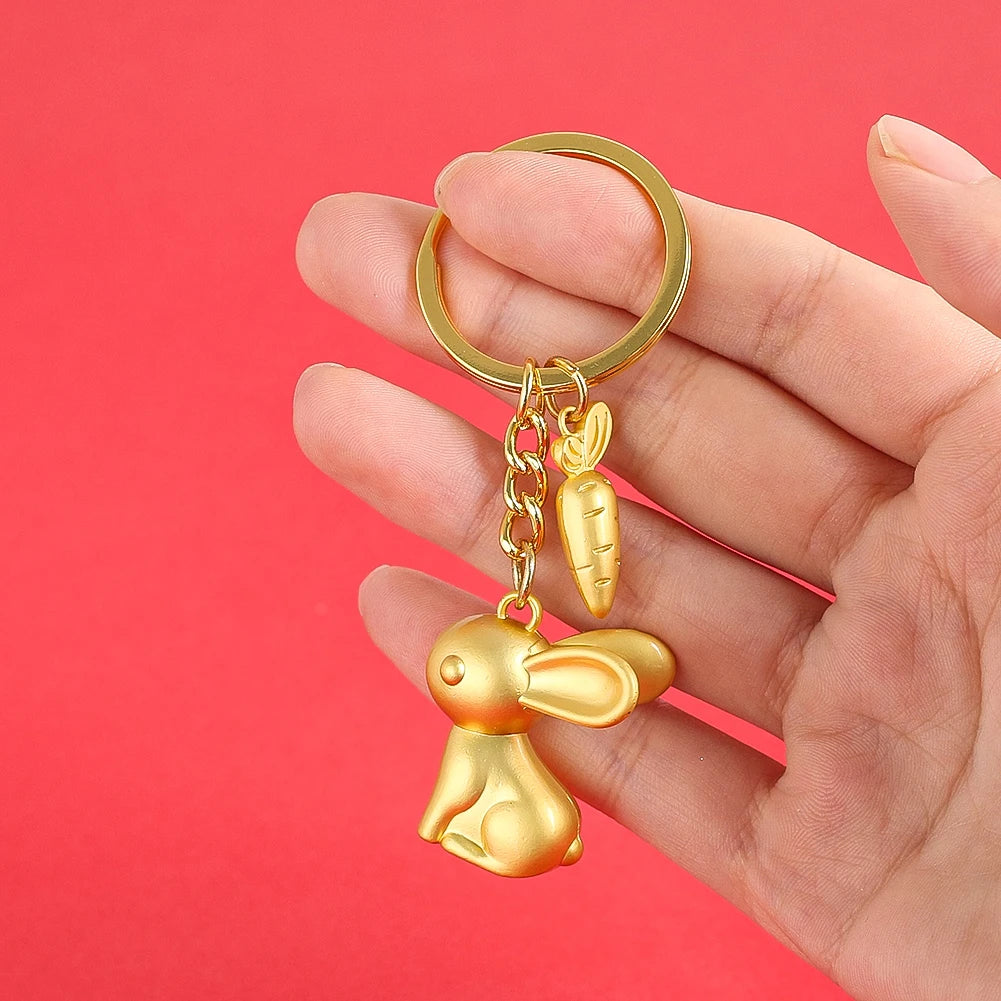 Rabbit and Carrot Metal Keychain in Satin Gold