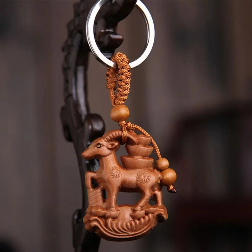Carved Mahogany Zodiac Animal Keychain