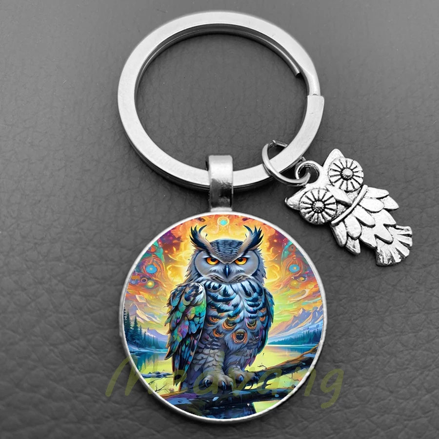 New Cute Owl Keychain with Large Eyes Owl Retro Pattern Glass Convex Keychain Creative Men's and Women's Car Bag Pendant Jewelry