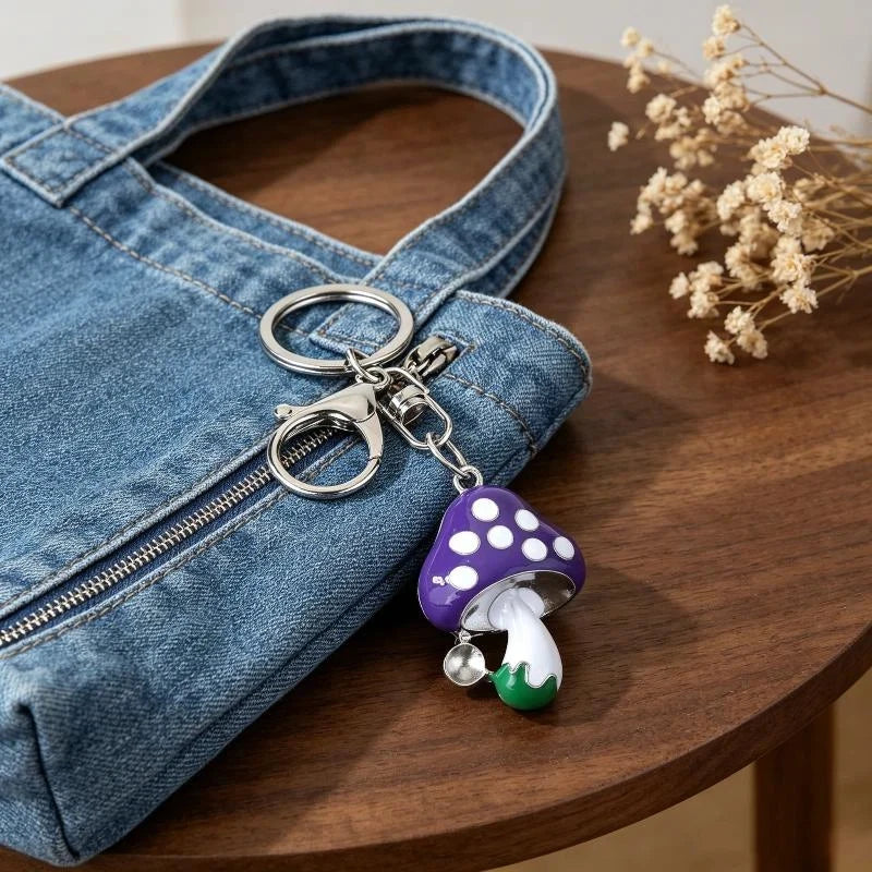 Mushroom Enamel Keychain with Charm Bell