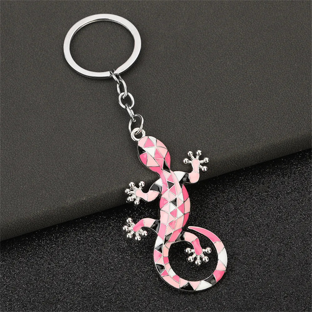 Enamel Gecko Keychain with Silver Buckle Ring