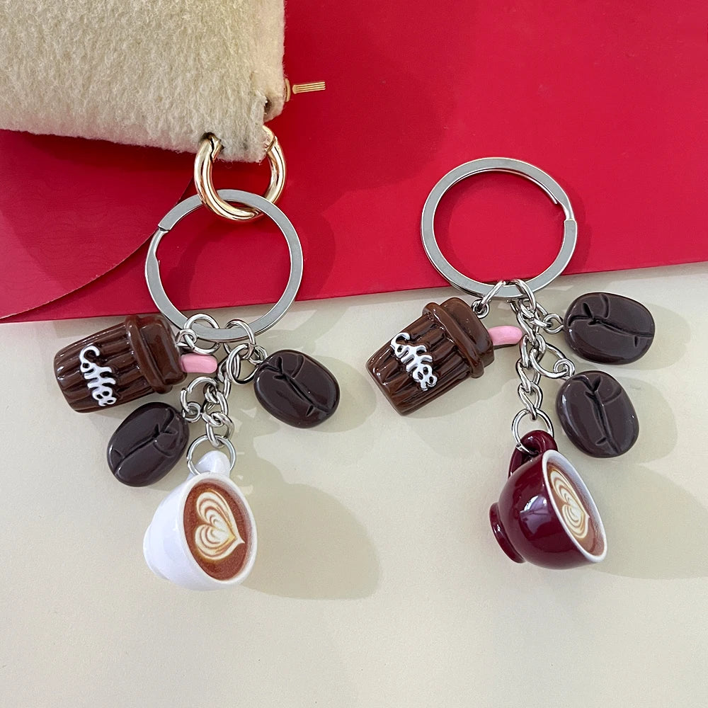 Coffee Themed Keychain Mini 3d Coffee Beans Latte Cup Charms Funny Simulated Food Car Key Holder Novelty Bag Pendant Party Gift