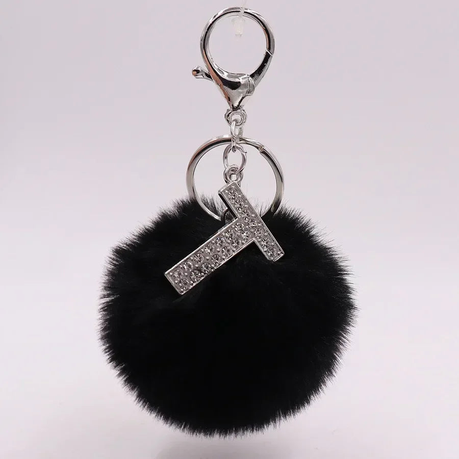Black Plush Pom-Pom Keychain with Rhinestone Initial