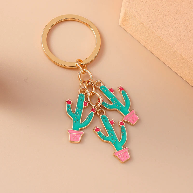 Enamel Cactus Keychain with Gold-Tone Clasp