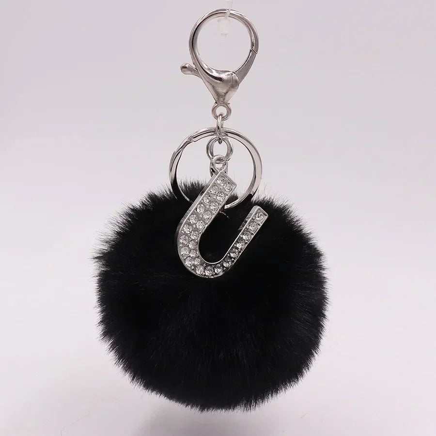 Black Plush Pom-Pom Keychain with Rhinestone Initial