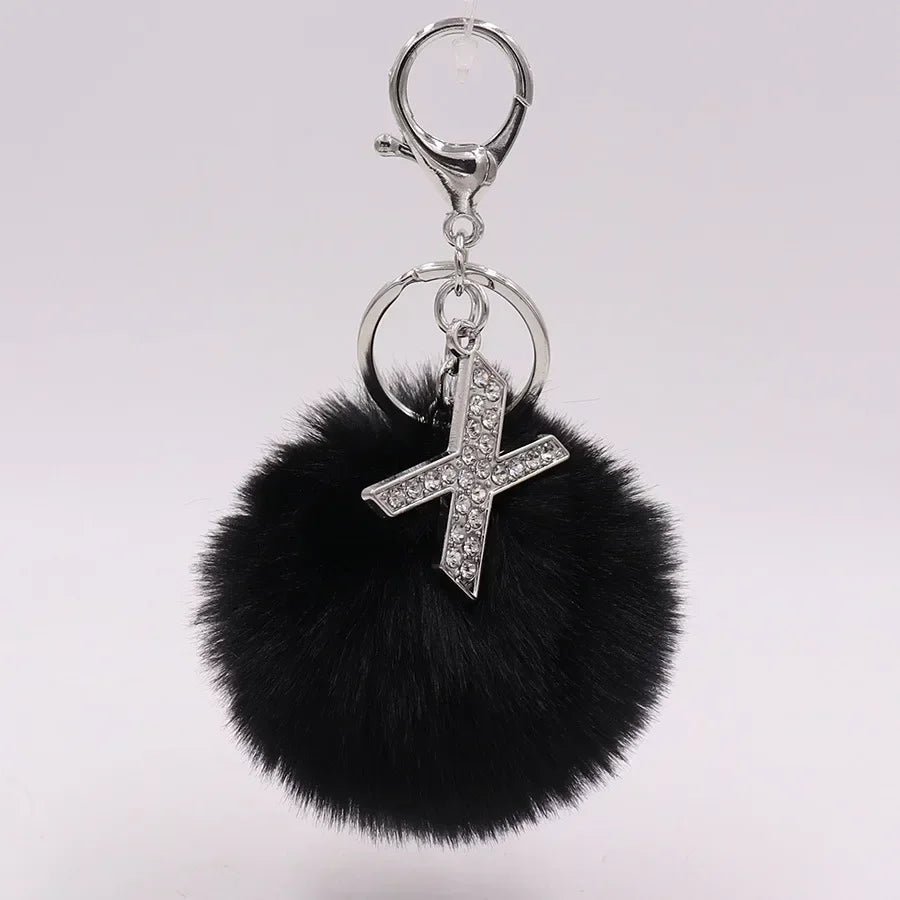 Black Plush Pom-Pom Keychain with Rhinestone Initial