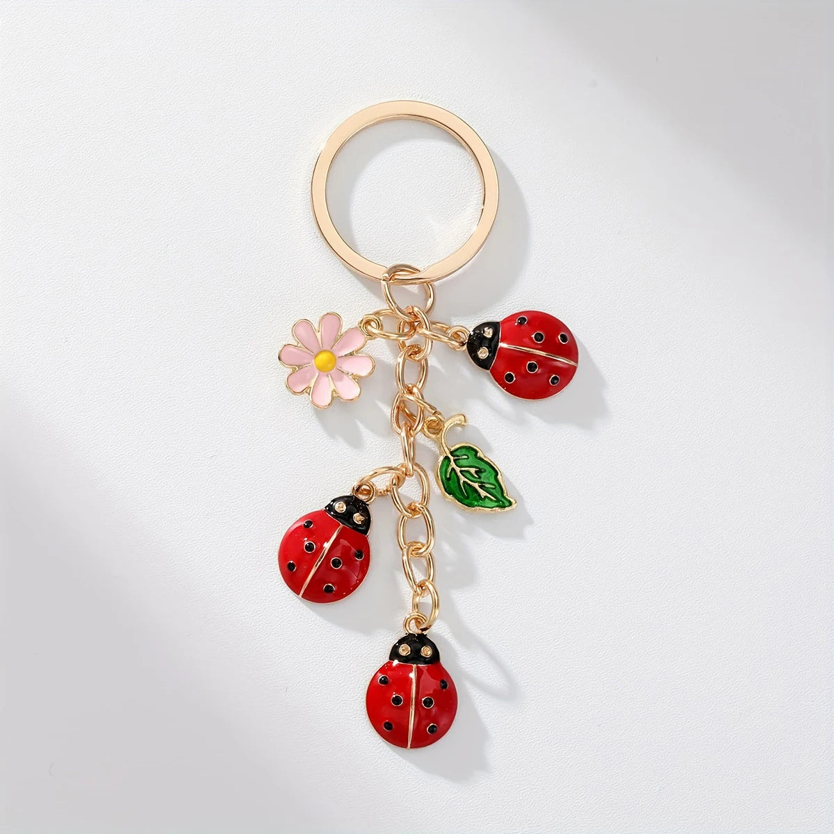 Enamel Ladybug and Flower Charm Keychain