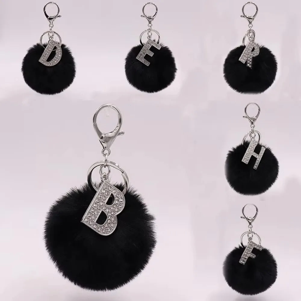 Black Plush Pom-Pom Keychain with Rhinestone Initial