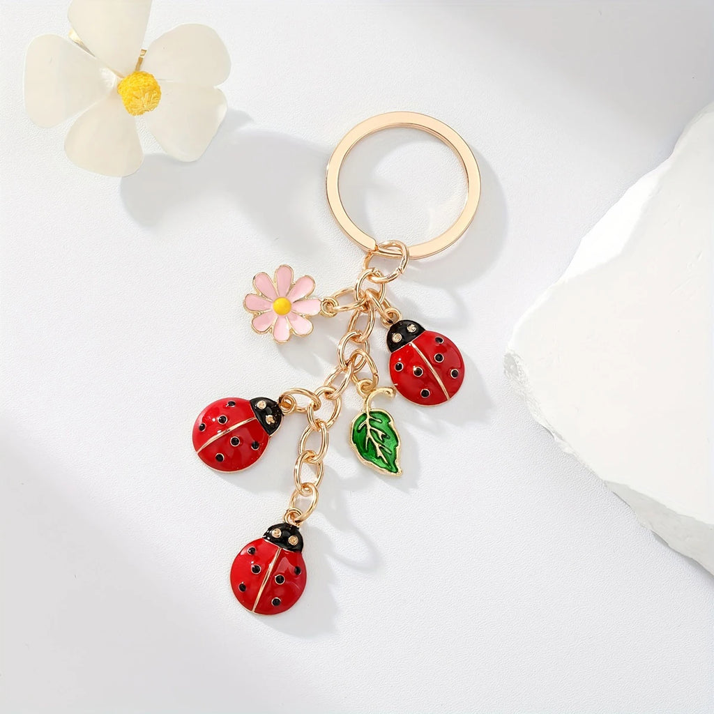 Enamel Ladybug and Flower Charm Keychain