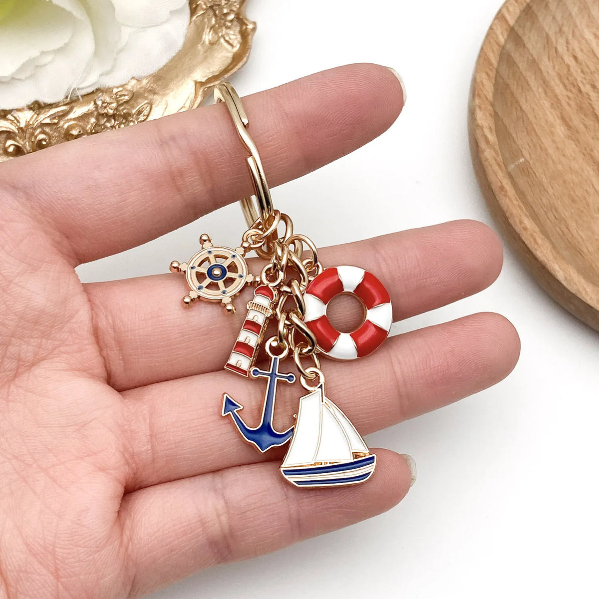 Nautical Charm Keychain in Gold-Tone Alloy