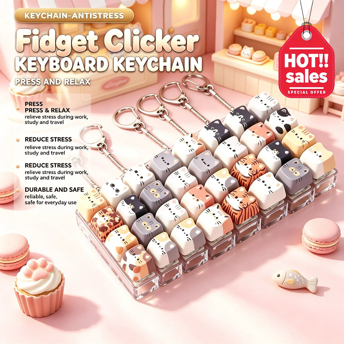 Cat 4-Key Keyboard Fidget Keychain