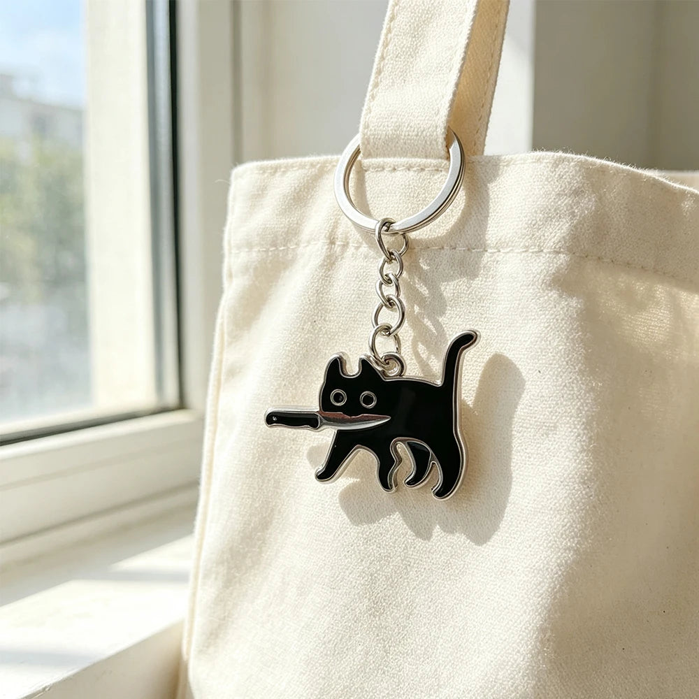 Black Cat with Knife Enamel Keychain