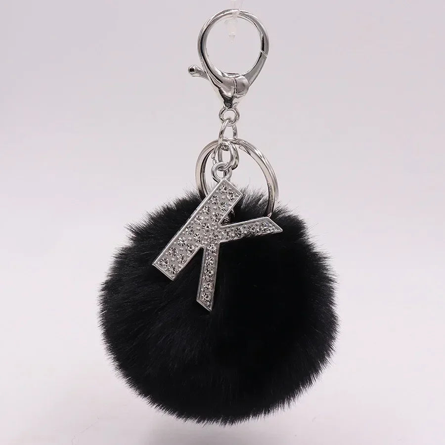 Black Plush Pom-Pom Keychain with Rhinestone Initial
