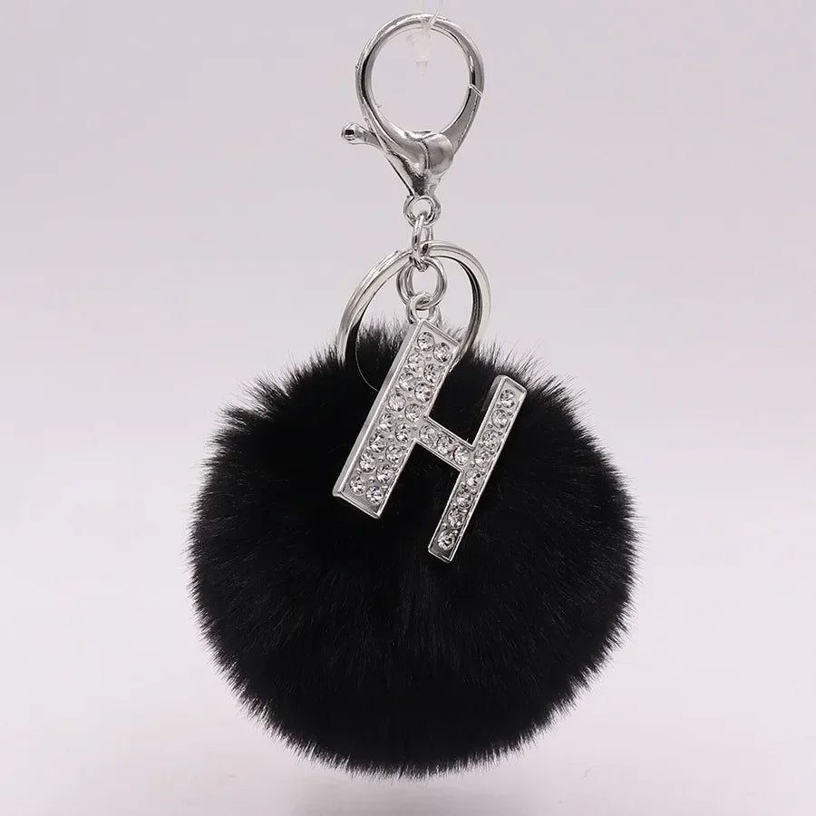 Black Plush Pom-Pom Keychain with Rhinestone Initial