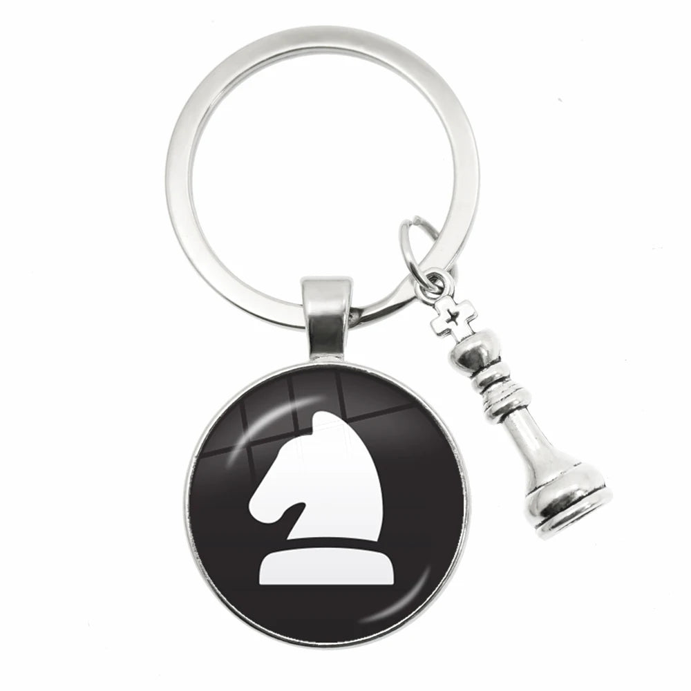 Chess Motif Glass Dome Keychain