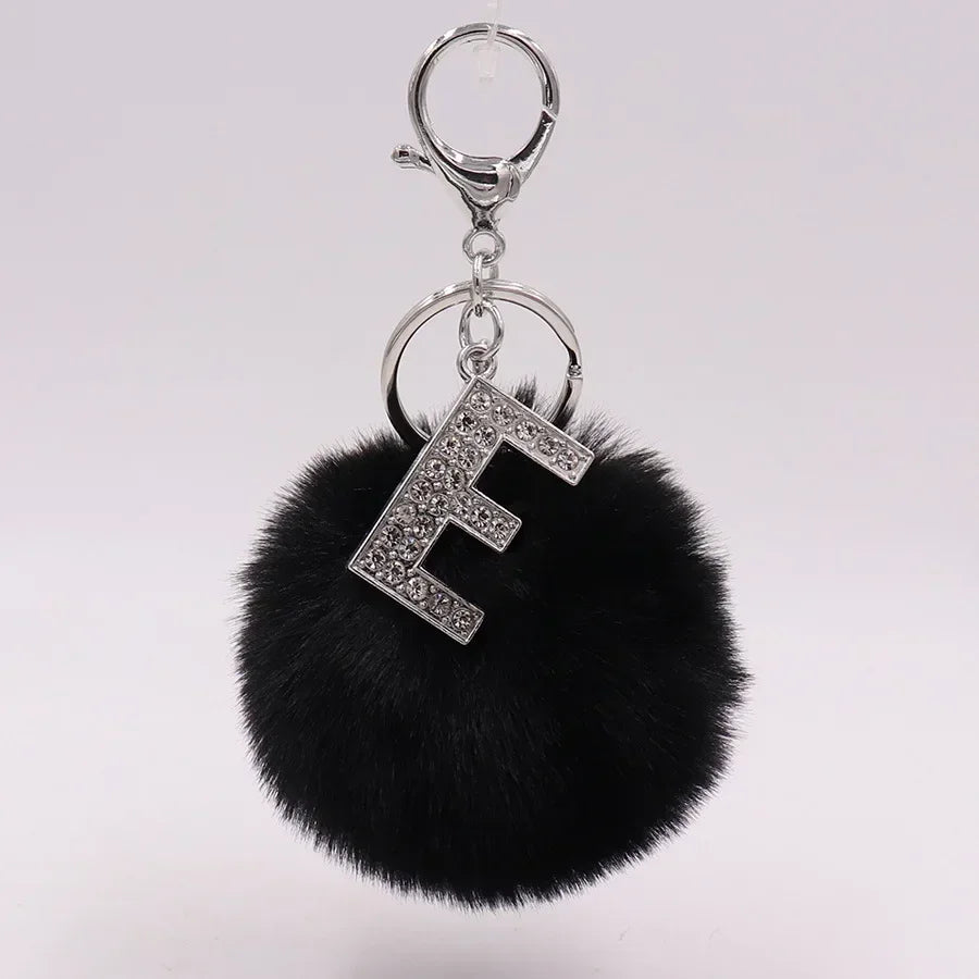 Black Plush Pom-Pom Keychain with Rhinestone Initial